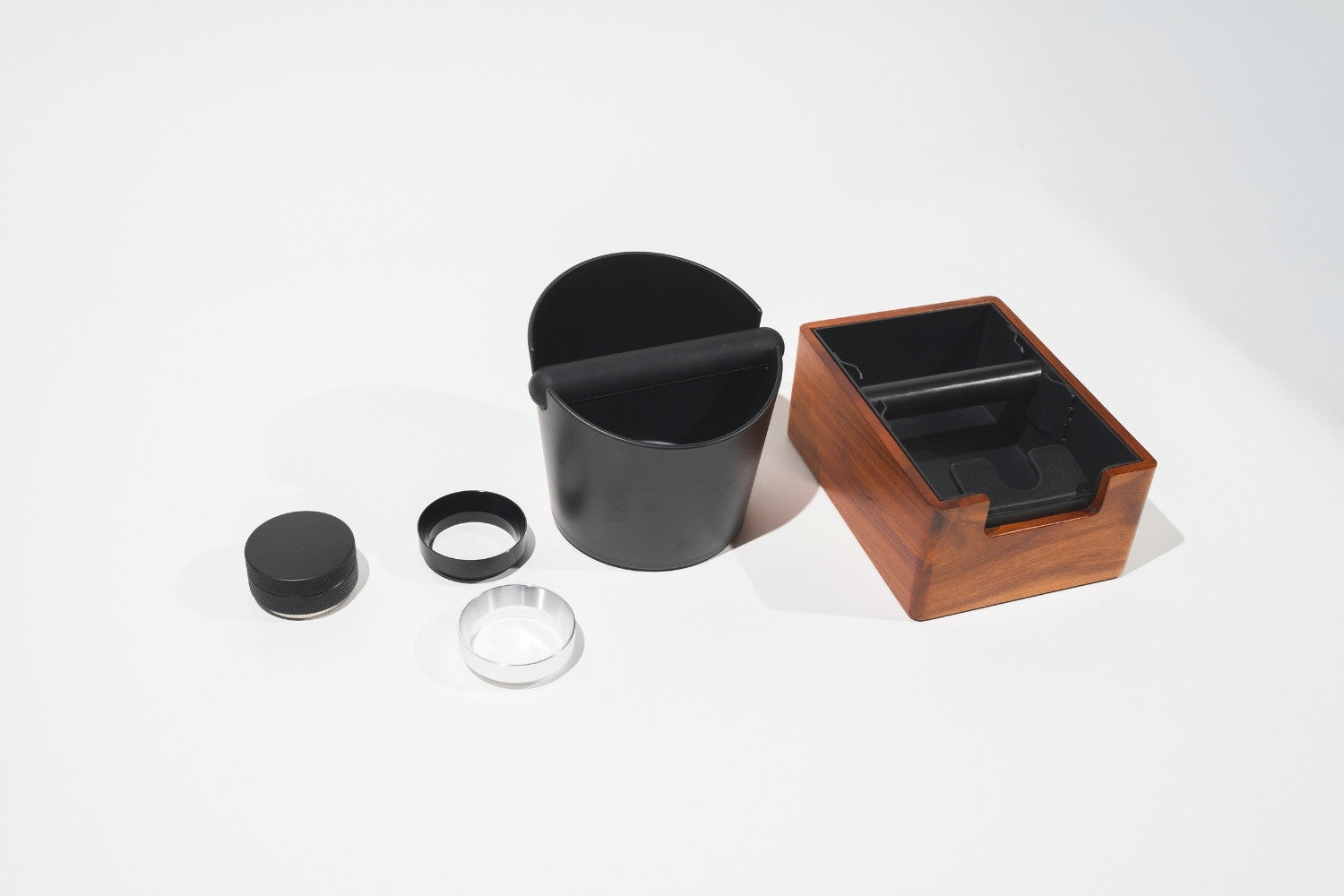 Eight Ounce Basics knock boxes, dosing funnels, and tamper