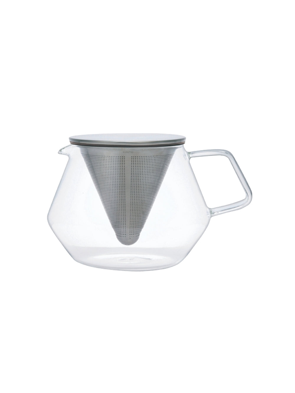 Clear glass teapot with a metal filter on a white background