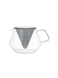 Clear glass teapot with a metal filter on a white background
